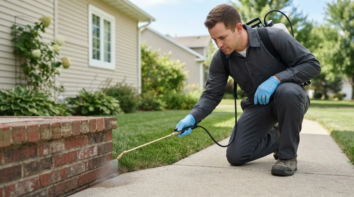 Pest control technician treating a home near Carrollton, TX